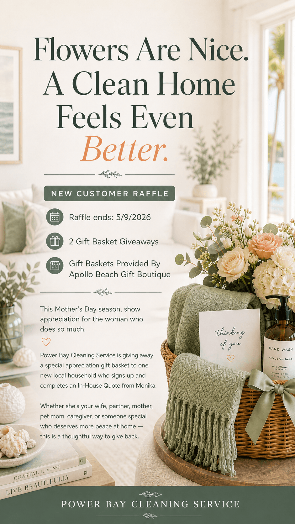 Mother's Day raffle flyer for new Power Bay neighbors.